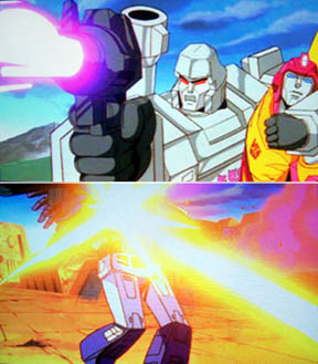If Megatron is shooting purple laser blasts, then who is shooting the orange laser bolts?